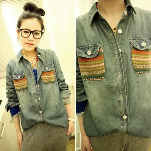 Women's Retro Long Sleeve Lapel Pocket Denim Shirt B1CC [24970|01|01]