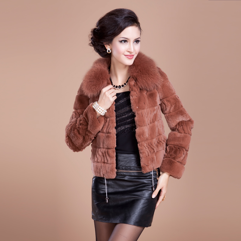 Women's rex rabbit full leather fur coat fox fur square collar  2012 coat for women