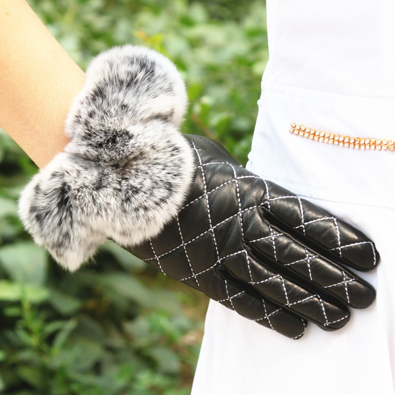 Women's rex rabbit hair plaid genuine leather gloves sheepskin gloves leather gloves