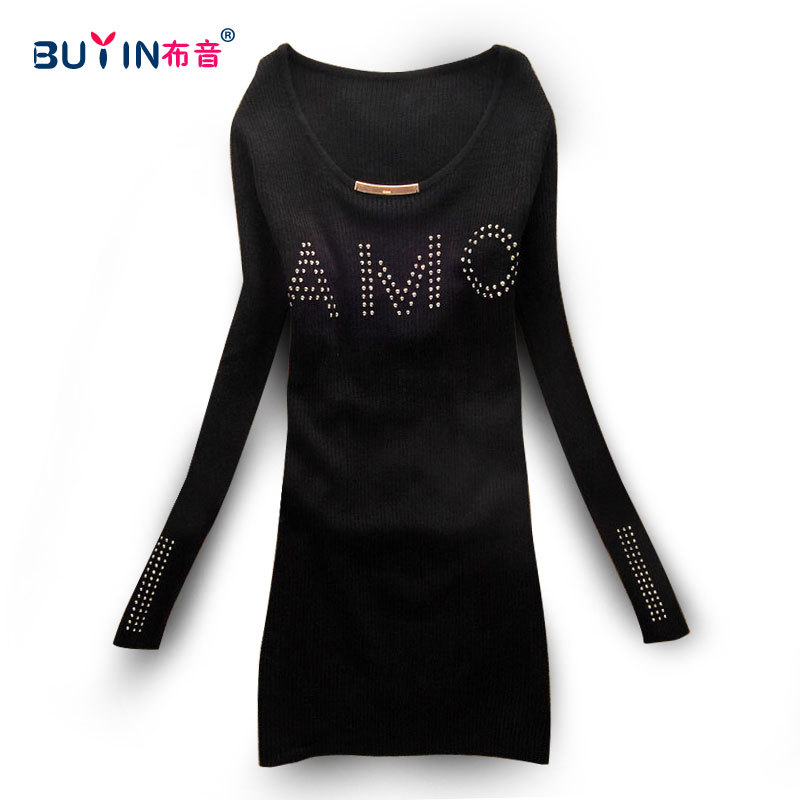 Women's rhinestone pasted amo letter slim thermal long-sleeve knitted sweater