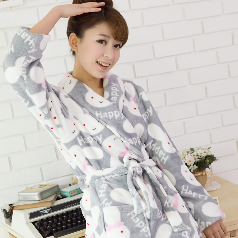 Women's robe coral fleece robe bathrobes sleepwear winter cartoon solid color