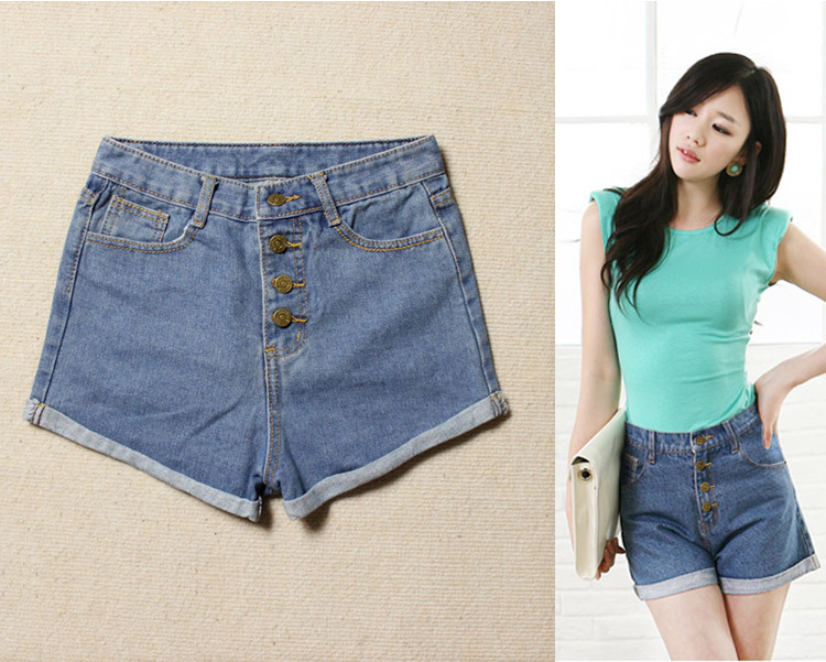 Women's roll-up hem shorts high waist jeans 4 breasted shorts loose denim shorts 823