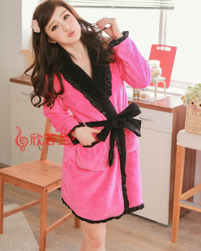 Women's Rose Sexy Robe Autumn and Winter Thick Coral Fleece Sleepwear Free Shipping