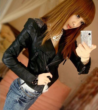 Women's Round Collar Leather Jacket Black tassels Outerwear h257