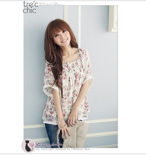 Women's s217 sweet elastic square collar flower chiffon half sleeve shirt loose summer 2013