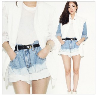 Women's s235 personality gradient loose roll-up hem high waist denim shorts harem pants shorts