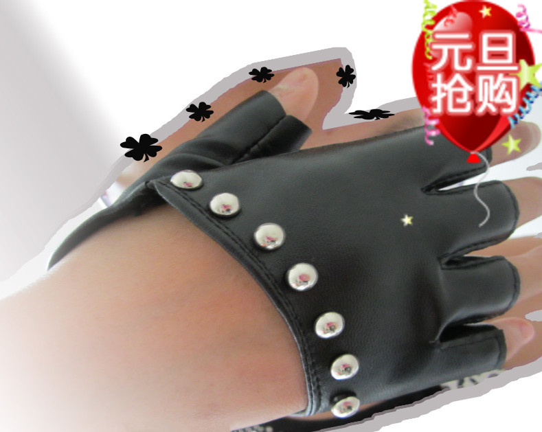 Women's semi-finger lucy refers to faux leather rivet PU gloves hip-hop punk gloves