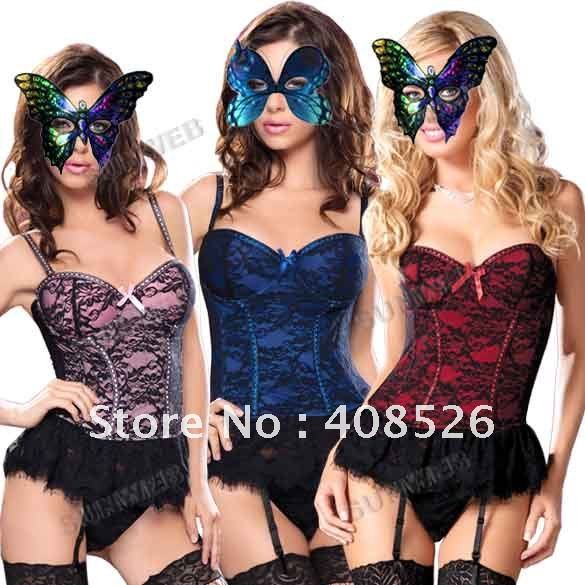 Women's Sexy Corset Lace Overlay Sexy Lingerie Padded Bra Boned Bustier with G-string free shipping 3624