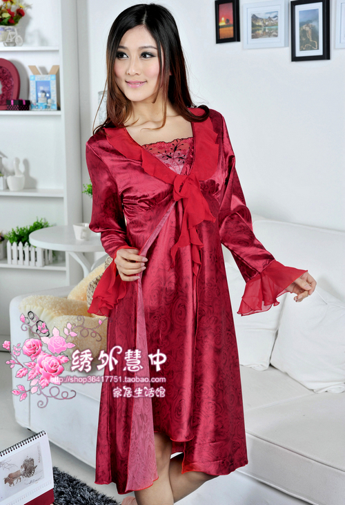 Women's sexy faux silk nightgown robe twinset lovers design silk sleepwear