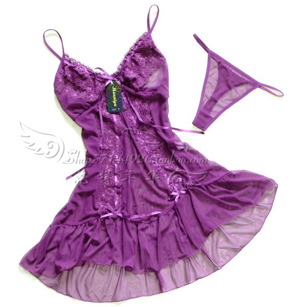 Women's sexy nightgown thong twinset underwear transparent lace temptation spaghetti strap sleepwear y-177 purple