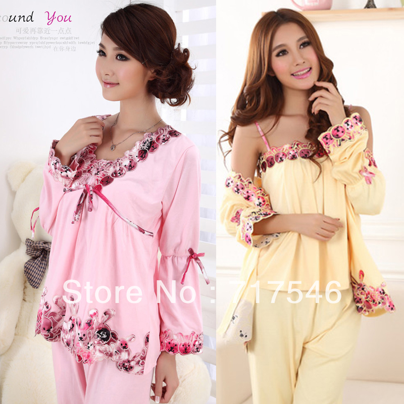 Women's sexy sleepwear 3pcs a set autumn and winter long-sleeve knitted 100% cotton lounge