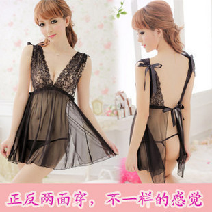 Women's  sexy sleepwear soft yarn transparent spaghetti strap nightgown lace  black twinset temptation