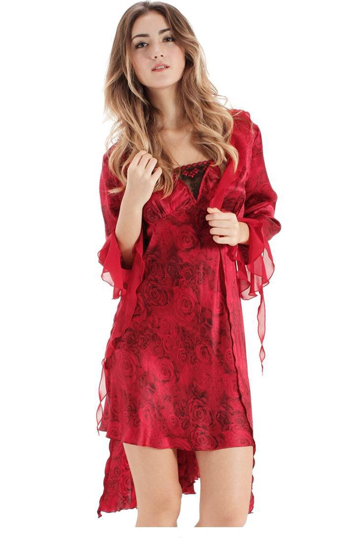 Women's Sexy Sleepwear  Spring and Autumn Faux Silk Lovers Marriage Lounge Nightgown Robe Twinset