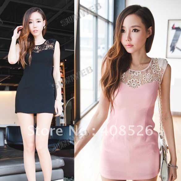 Women's Sexy Stylish Slim Embroidered Openwork Round Neck Sleeveless Lace Dress Black, Pink free shipping 5657