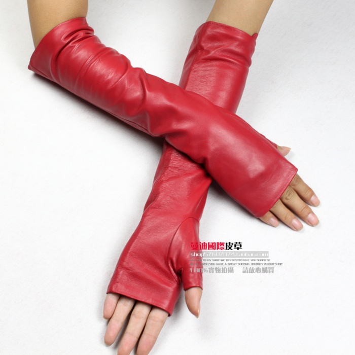 Women's sheepskin genuine leather gloves female long design semi-finger gloves 34 winter thermal