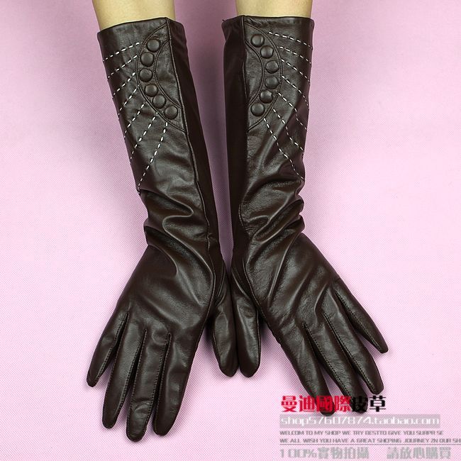 Women's sheepskin genuine leather gloves long design gloves women's brown fashion winter