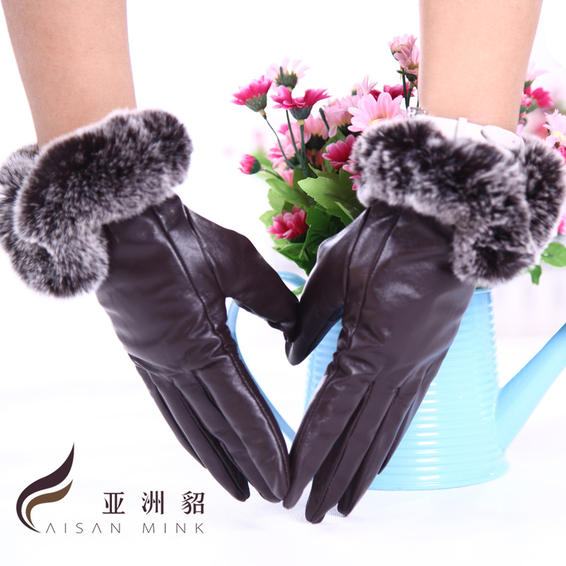 Women's sheepskin gloves genuine leather women's fashion rex rabbit hair autumn and winter thickening thermal