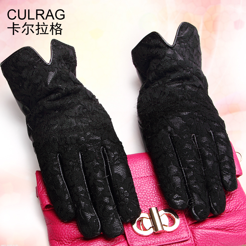 Women's sheepskin gloves winter outdoor thermal genuine leather gloves lace decoration fashion gloves