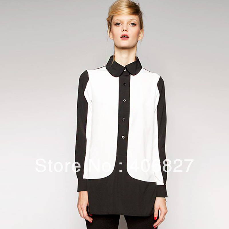 women's shirts 2013 autumn new blouses long-sleeved chiffon shirt hit color stitching tops 757a001 Plus Szie