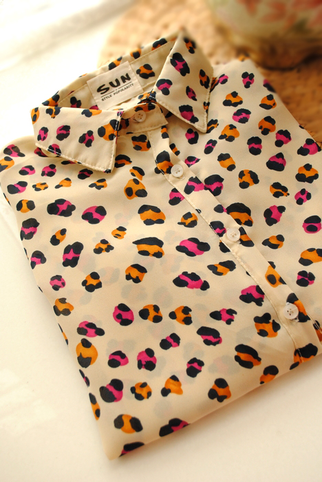 women's shirts Vintage peter pan small leopard print fabric chiffon long-sleeve slim basic shirts