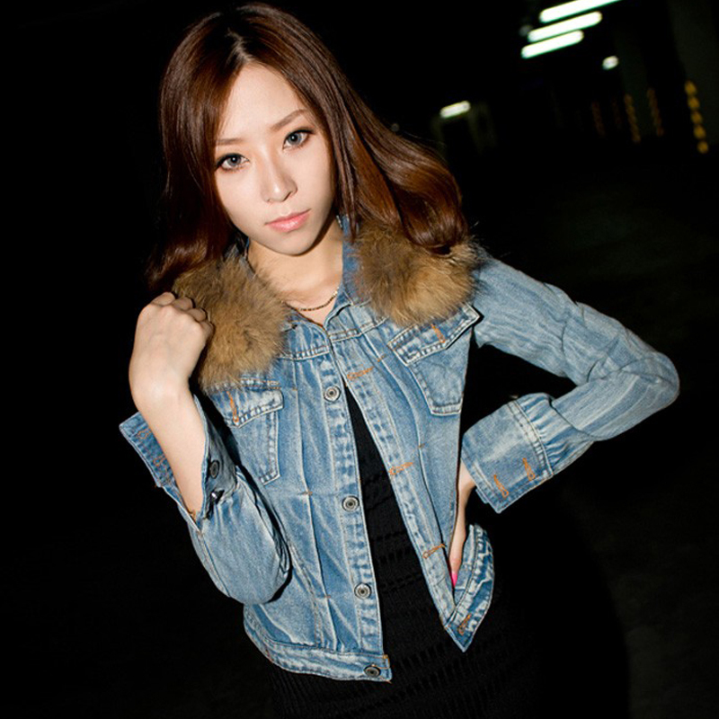 Women's short design denim outerwear fur collar the disassemblability denim coat short jacket d9479