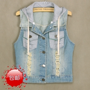 Women's short design hooded with a hood sleeveless denim vest female vest waistcoat coat