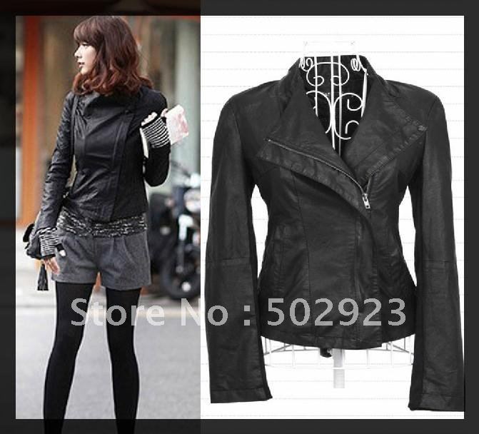 women's short design outerwear slim fold stand collar stunning black leather clothing outerwear