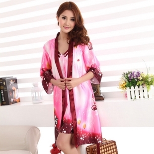 Women's silk robe sleepwear spaghetti strap nightgown twinset lounge fashion print