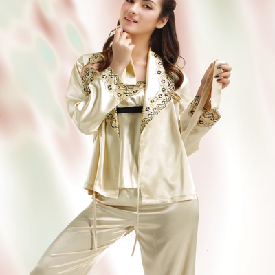 women's silk satin sleepwear female spaghetti strap champagne 3 piece top  long-sleeve wrap lounge pants pajamas sets lounge 018