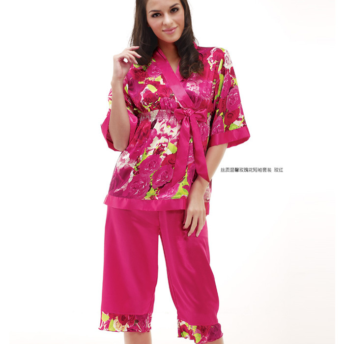 women's Silk satin sleepwear twinset summer slim top woven short robe 1/2 pants knee-length pants half sleeve pajamas sets 026