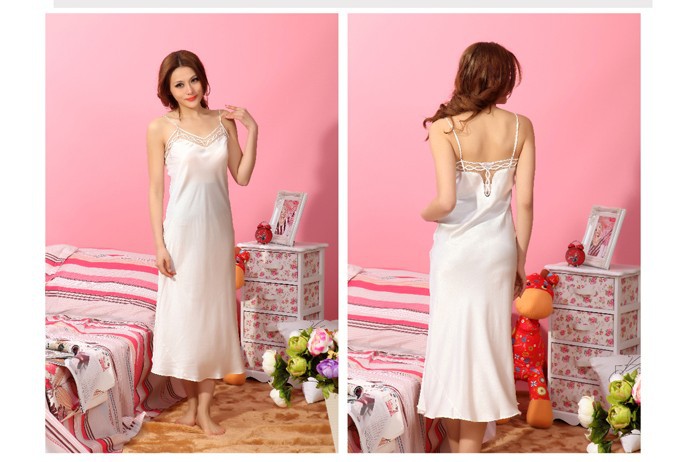 Women's Silk Sleepwear Mulberry Silk Female Sexy Spaghetti Strap Long Nightgown White Black