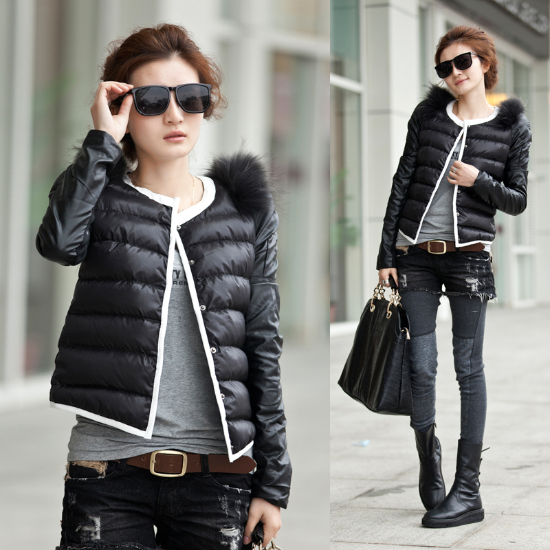 Women's single breasted long-sleeve leather rabbit fur o-neck short jacket