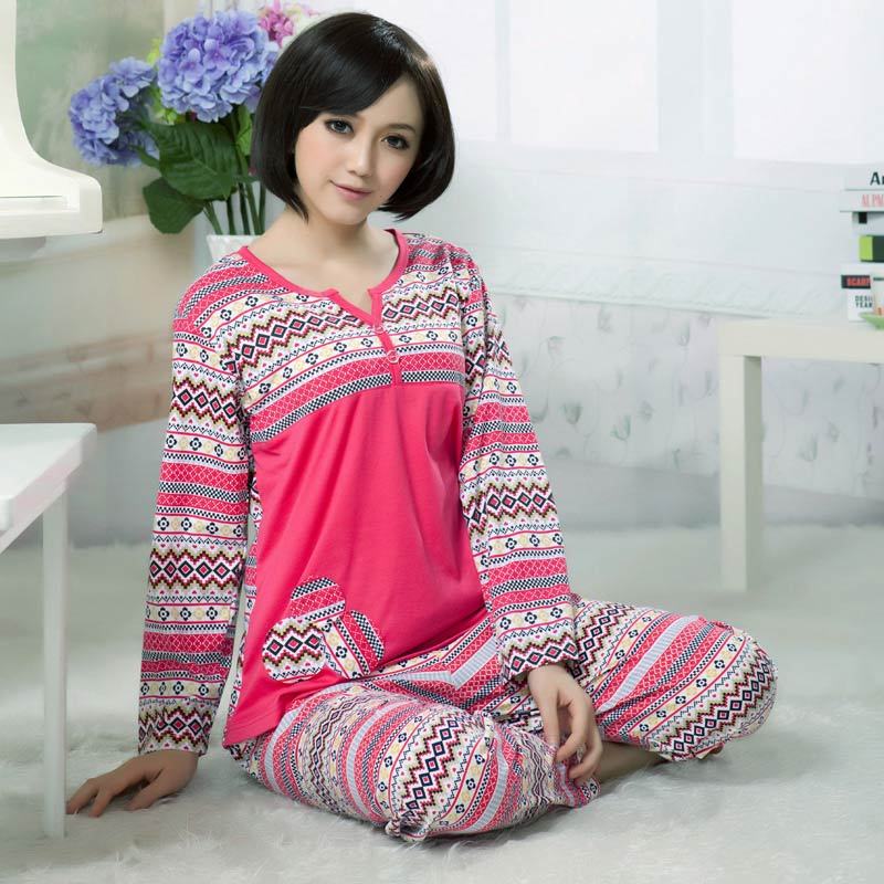 Women's sleep set 100% cotton autumn long-sleeve lovely sleepwear lounge knitted cotton 2052