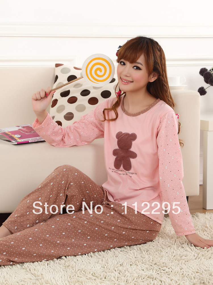 Women's sleepwear cartoon bear knitted cotton sleepwear long-sleeve set sleepwear 100% cotton long-sleeve Free shipping