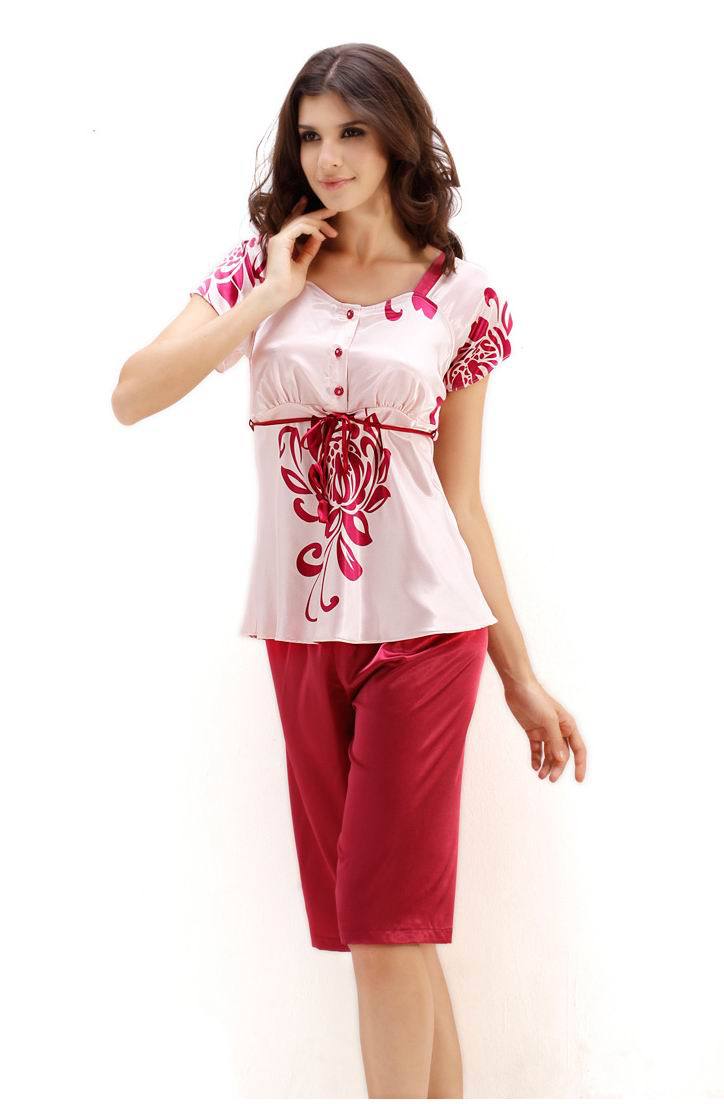 Women's Sleepwear  New Arrival faux silk Lounge Simple and Natural Short-sleeve Capris Twinset