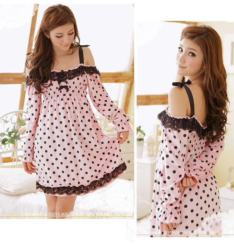 Women's sleepwear nightgown lace spaghetti strap dot laciness spring and autumn velvet long-sleeve lounge chromophous