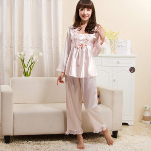 Women's sleepwear spring and autumn silk sleepwear silk sleepwear Women lounge long-sleeve faux silk sleepwear twinset