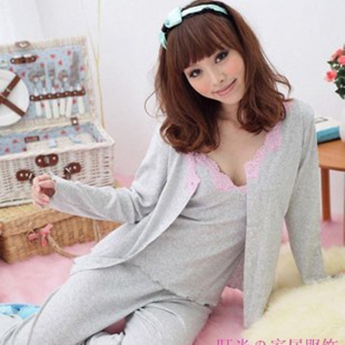 Women's sleepwear three pieces set spring and summer sleepwear women's 100% cotton long-sleeve three piece set sleepwear derlook