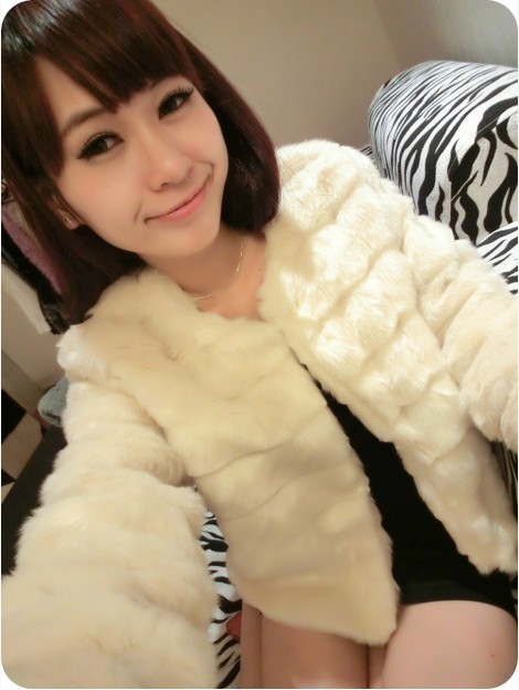 Women's slim faux rabbit fur plush long short design outerwear with a hood cap