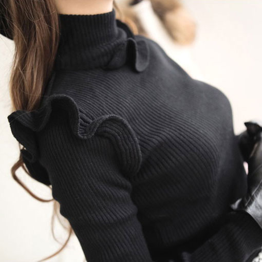 Women's slim ladies ruffle thickening thermal knitted basic shirt sweater Free Shipping