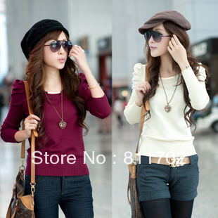 women's slim short design long-sleeve pullover sweater shirt knitted,Free delivery