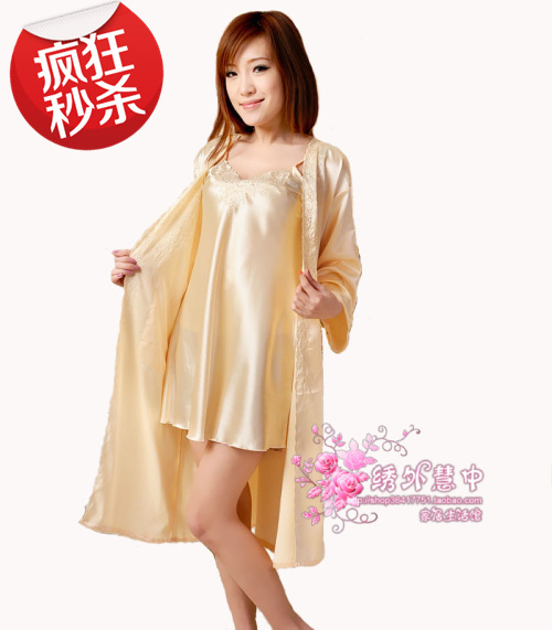 Women's solid color sexy embroidered faux silk nightgown robe silk sleepwear twinset lounge chromophous