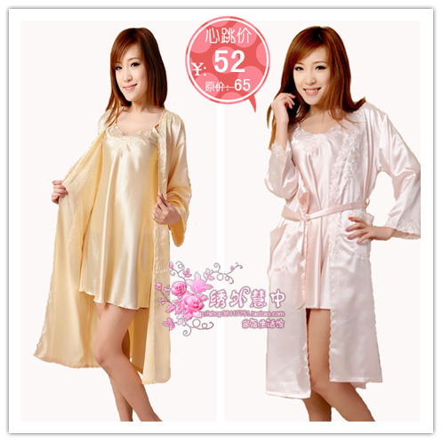 Women's solid color sexy embroidered faux silk nightgown robe twinset silk sleepwear lounge