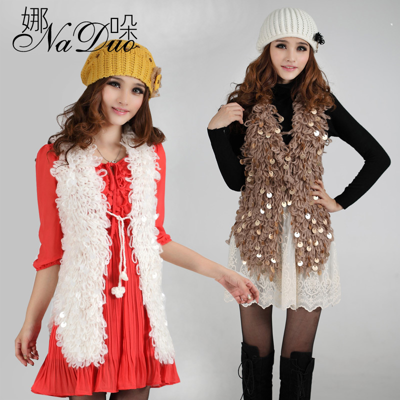 Women's spring all-match elegant medium-long yarn vest paillette vest sweater cape outerwear