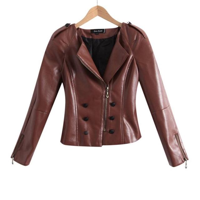 Women's spring and autumn fashion personality oblique zipper double breasted slim water washed leather clothing