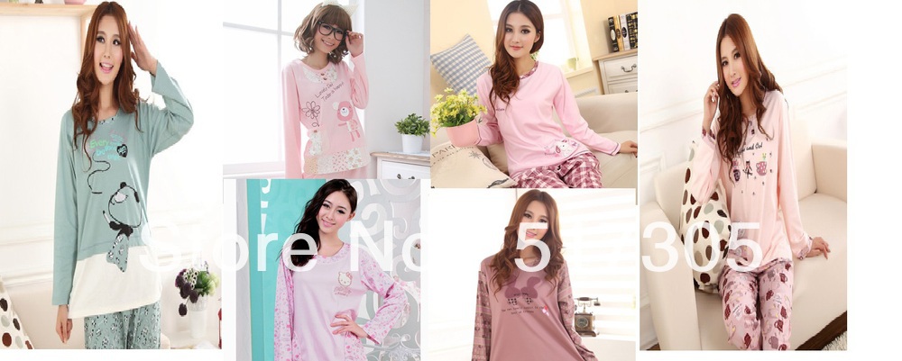 Women's spring and autumn long-sleeve knitted cotton cartoon sleepwear lounge set  home service