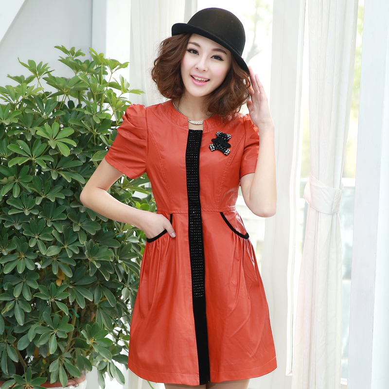 Women's spring and autumn short-sleeve slim waist leather skirt leather puff sleeve one-piece dress