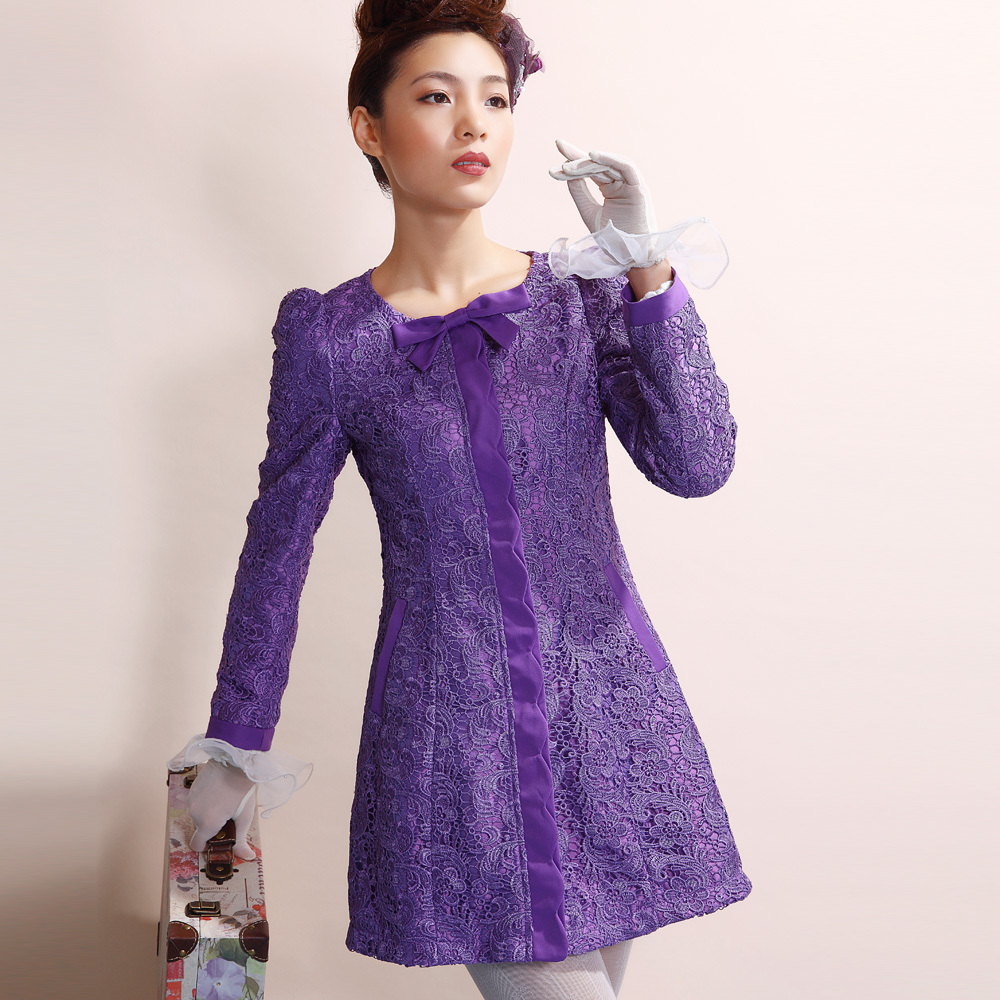 Women's spring and autumn slim medium-long o-neck lace trench female outerwear female a1e332