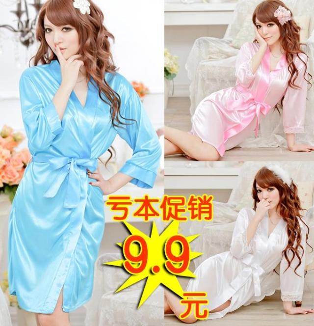 Women's spring and summer sexy sleepwear faux silk viscose translucent bathrobes nightgown lace black set temptation