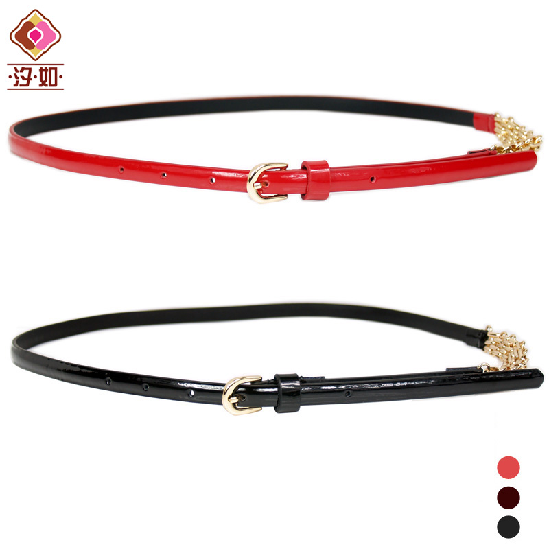 Women's spring japanned leather cowhide strap candy color fashion metal chain decoration genuine leather belt belly chain